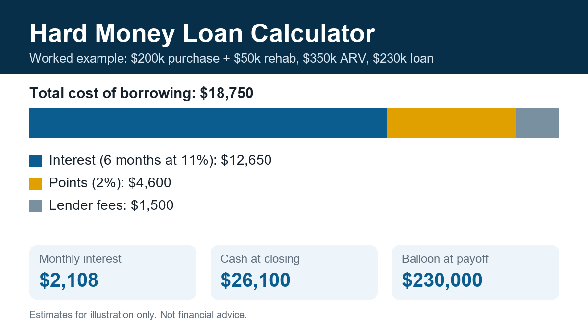 Hard money loan calculator example: $18,750 total cost of borrowing on a $230,000 fix-and-flip loan